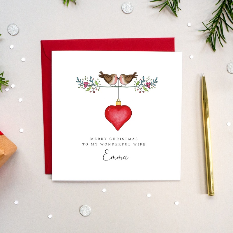 Personalised Christmas Card - Robins with Heart